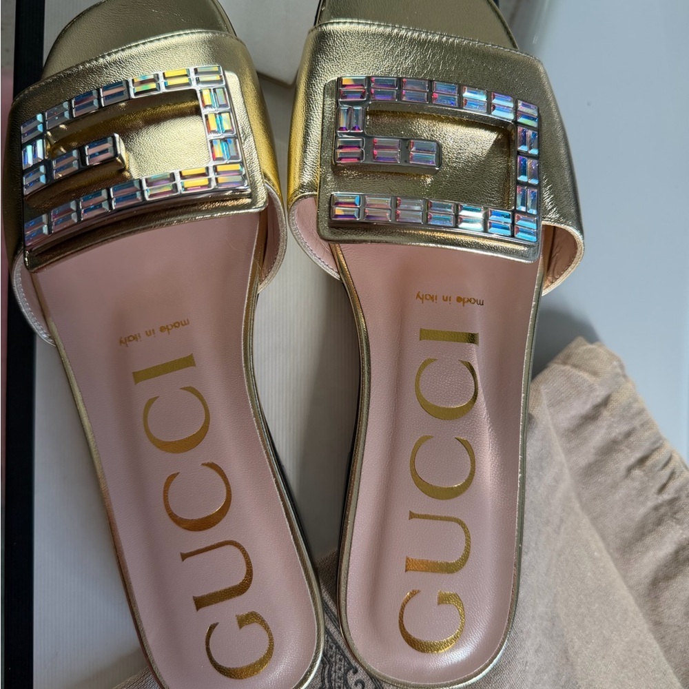 Gucci Gold Sandals Crystal Embellishments